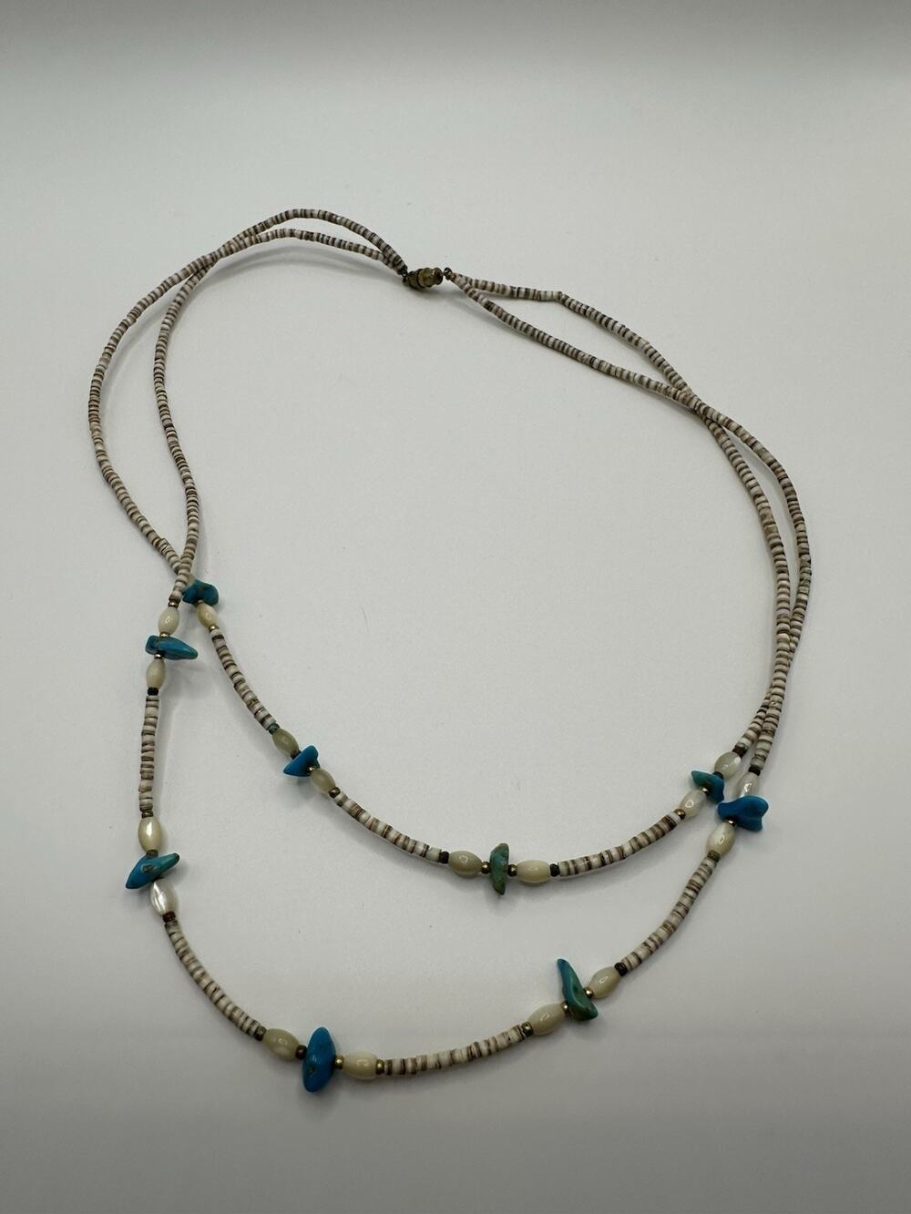 VTG Native American Multi Strand Heishi Shell Beaded Necklace W/Turquoise Nugget